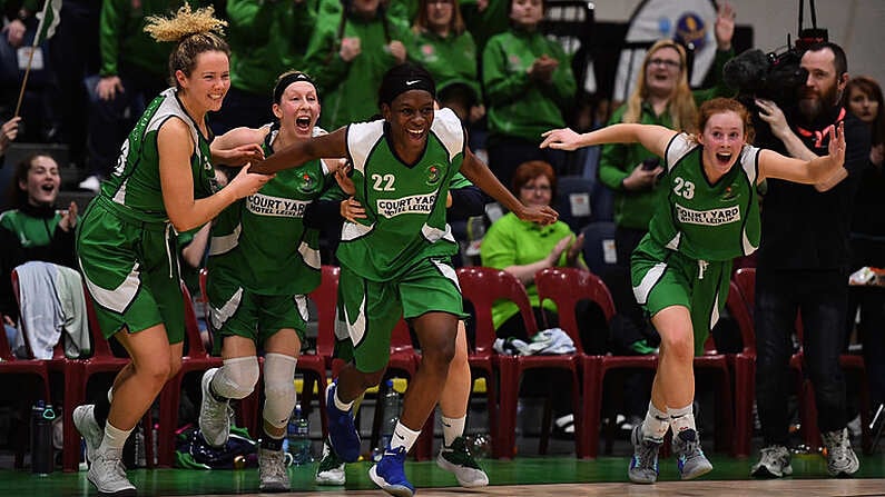 27 January 2019; Courtyard Liffey Celtics players, from left, Ailbhe OConnor, Allie LeClaire, Briana Green and Sorcha Tiernan celebrate the final buzzer of the Hula Hoops Womens Paudie O'Connor National Cup Final match between Courtyard Liffey Celtics and Singleton SuperValu Brunell at the National Basketball Arena in Tallaght, Dublin. Photo by Brendan Moran/Sportsfile