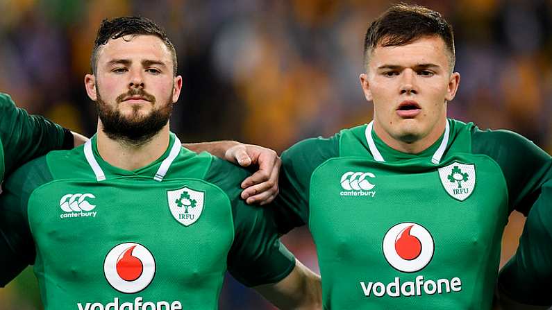 9 June 2018; Robbie Henshaw, left, and Jacob Stockdale of Ireland prior to the 2018 Mitsubishi Estate Ireland Series 1st Test match between Australia and Ireland at Suncorp Stadium, in Brisbane, Australia. Photo by Brendan Moran/Sportsfile