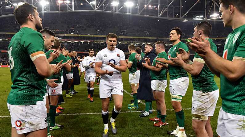 2 February 2019; Owen Farrell of England is applauded off the pitch by the Ireland team following the Guinness Six Nations Rugby Championship match between Ireland and England in the Aviva Stadium in Dublin. Photo by Brendan Moran/Sportsfile