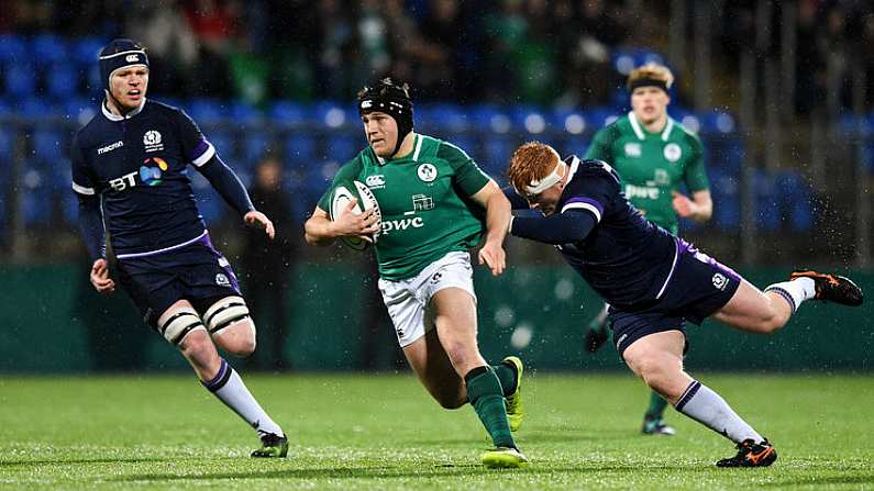 9 March 2018; Angus Curtis of Ireland is tackled by Robbie Smith of Scotland during the U20 Six Nations Rugby Championship match between Ireland and Scotland at Donnybrook Stadium in Dublin. Photo by David Fitzgerald/Sportsfile