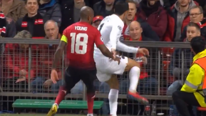 Watch: Ashley Young Very Lucky Not To Be Sent Off After Pushing Di Maria Into Railings