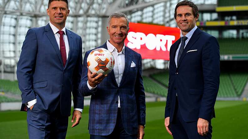 23 August 2018; Niall Quinn, Keith Andrews, Brian Kerr, Graeme Souness and Kevin Kilbane have been announced on the expert commentary team for Virgin Media Sport, the new home of European football in Ireland. Launching on 18th September, viewers can expect exclusive, award winning Irish analysis and commentary on every single match in the upcoming UEFA Champions League and Europa League - the most watched competitive club football in the world. Virgin Media Sport will be available to all Virgin Media TV customers at no extra cost. Pictured at the launch are, from left, Niall Quinn, Graeme Souness and Kevin Kilbane. Photo by Brendan Moran/Sportsfile