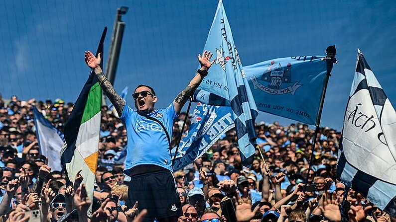 10 July 2022; Dublin supporters on Hill 16 during the GAA Football All-Ireland Senior Championship Semi-Final match between Dublin and Kerry at Croke Park in Dublin. Photo by Ramsey Cardy/Sportsfile