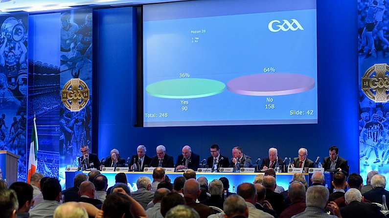 223 February 2019; A general view of the result of Motion 39, relating to counties nominating Croke Park as their home venue in the football intercounty quarter final group stage, which was defeated, during the GAA Annual Congress 2019 at the Clayton Whites Hotel in Ferrybank South, Wexford. Photo by Piaras O Midheach/Sportsfile