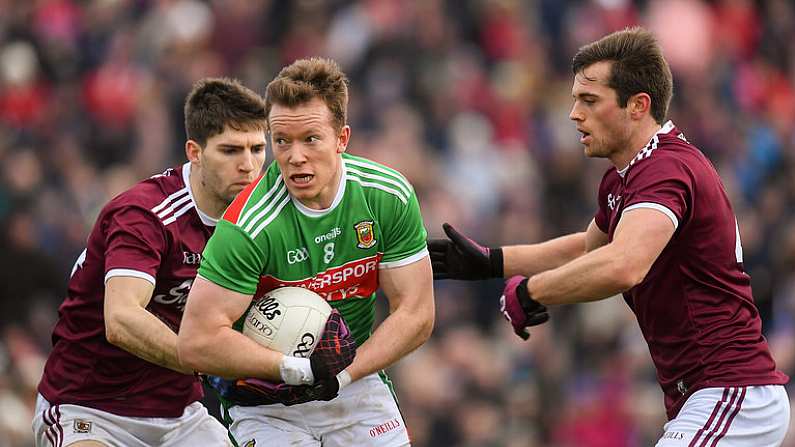 13 January 2019; Donal Vaughan of Mayo in action against Micheal Boyle, left, and Liam Silke of Galway during the Connacht FBD League semi-final match between Galway and Mayo at Tuam Stadium in Galway. Photo by Harry Murphy/Sportsfile