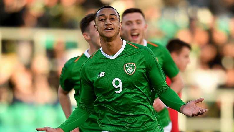 24 March 2019; Adam Idah of Republic of Ireland celebrates after scoring his side's first goal during the UEFA European U21 Championship Qualifier Group 1 match between Republic of Ireland and Luxembourg in Tallaght Stadium in Dublin. Photo by Eoin Noonan/Sportsfile