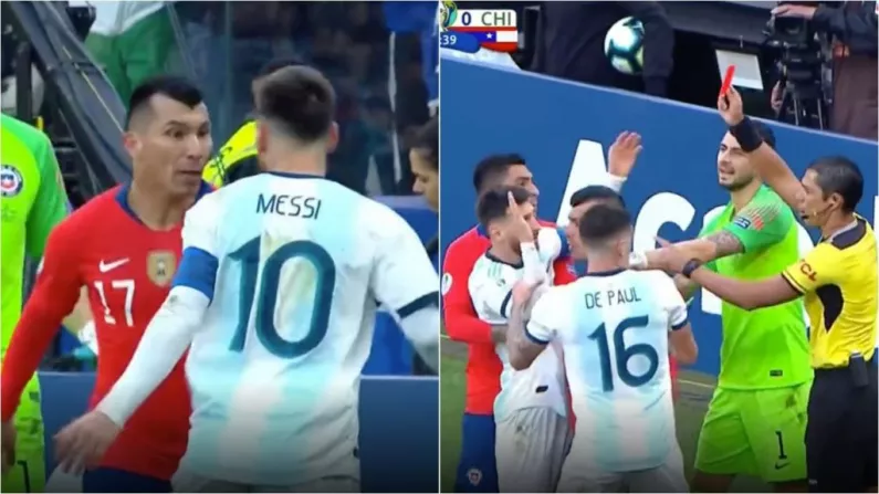 Watch: Messi Somehow Sent Off After Gary Medel Tries To Start A Fight