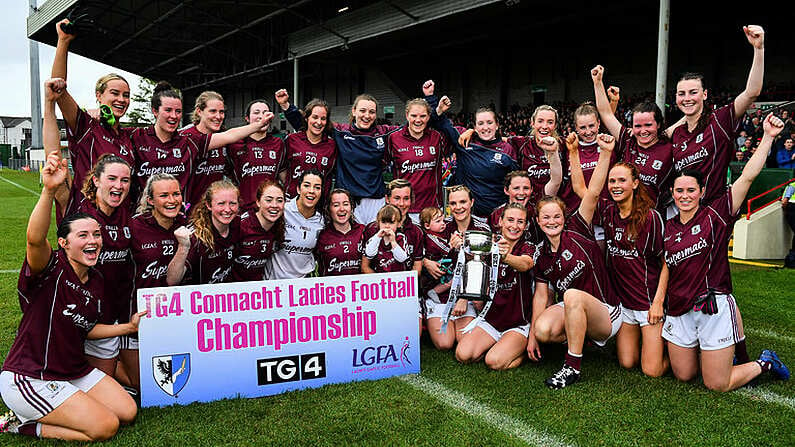 6 July 2019; The Galway team celebrate with the cup after the 2019 TG4 Connacht Ladies Senior Football Final replay between Galway and Mayo at the LIT Gaelic Grounds in Limerick. Photo by Brendan Moran/Sportsfile