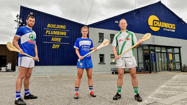 6 June 2019; Collette Dormer, Paulstown/Gorebridge and Kilkenny with Eamonn Dillon, left, Naomh Fionnbarra and Dublin and Tommy Walsh, Tullaroan and Kilkenny pictured at the announcement that Chadwicks are the new sponsor of the Leinster GAA Chadwicks Club Hurling League were Collette Dormer, Paulstown/Gorebridge and Kilkenny, Tommy Walsh, Tullaroan and Kilkenny and Eamonn Dillon, Naomh Fionnbarra and Dublin at Chadwicks Lucan, Laraghcon, Lucan, Co. Dublin. Chadwicks today launched the Chadwicks Kit-Out competition to celebrate the sponsorship, offering clubs in Leinster the chance to win over 20,000 worth of product to improve their clubhouse facilities.  To enter go to chadwicks.ie. Photo by Matt Browne/Sportsfile *** NO REPRODUCTION FEE ***