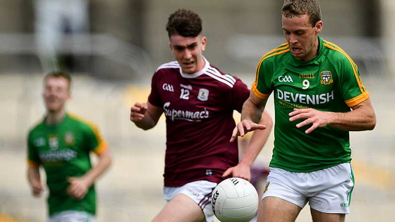 13 July 2019; Danny Quinn of Meath in action against Thomas Gleeson of Galway during the GAA Football All-Ireland Junior Championship semi-final match between Meath and Galway at Dr Hyde Park in Roscommon. Photo by Brendan Moran/Sportsfile