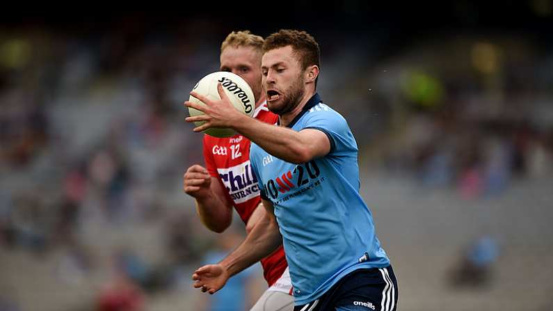 13 July 2019; Jack McCaffrey of Dublin in action against Ruairi Deane of Cork during the GAA Football All-Ireland Senior Championship Quarter-Final Group 2 Phase 1 match between Dublin and Cork at Croke Park in Dublin. Photo by Daire Brennan/Sportsfile