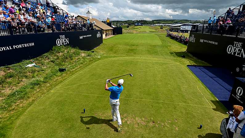 16 July 2019; Rory McIlroy of Northern Ireland takes a shot on the 1st tee during a practice round ahead of the 148th Open Championship at Royal Portrush in Portrush, Co. Antrim. Photo by Ramsey Cardy/Sportsfile