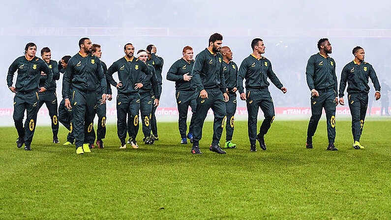 11 November 2017; The South Africa make their way to line up for the anthems prior to the Guinness Series International match between Ireland and South Africa at the Aviva Stadium in Dublin. Photo by Brendan Moran/Sportsfile