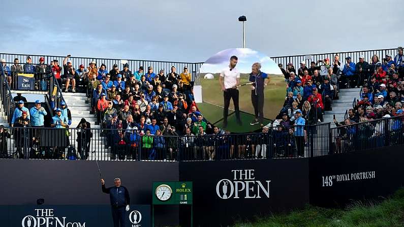 18 July 2019; Darren Clarke of Northern Ireland acknowledges the gallery on the first tee box during Day One of the 148th Open Championship at Royal Portrush in Portrush, Co Antrim. Photo by Brendan Moran/Sportsfile