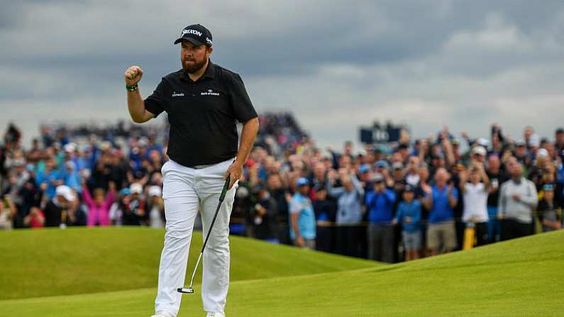 20 July 2019; Shane Lowry of Ireland celebrates after a birdie putt on the 15th green during Day Three of the 148th Open Championship at Royal Portrush in Portrush, Co Antrim. Photo by Ramsey Cardy/Sportsfile