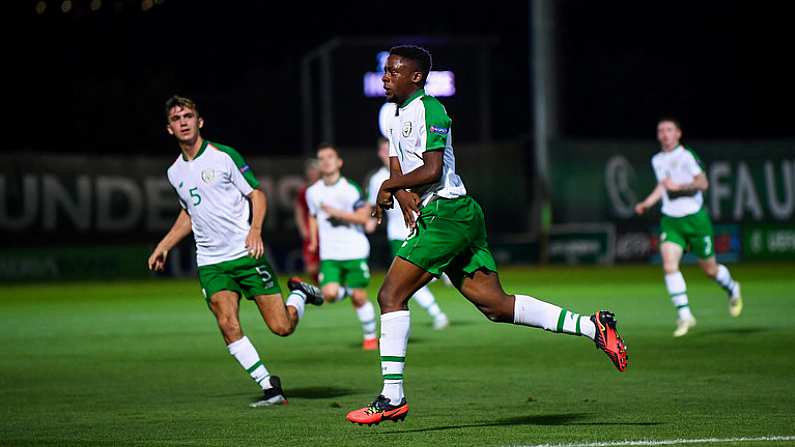 21 July 2019; Jonathan Afolabi of Republic of Ireland celebrates after scoring his side's first goal during the 2019 UEFA U19 European Championship Finals group B match between Republic of Ireland and Czech Republic at the FFA Academy Stadium in Yerevan, Armenia. Photo by Stephen McCarthy/Sportsfile