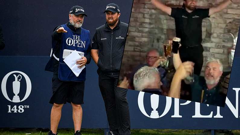 21 July 2019; Shane Lowry of Ireland with his caddy Brian Martin on the 1st tee box during Day Four of the 148th Open Championship at Royal Portrush in Portrush, Co Antrim. Photo by Brendan Moran/Sportsfile