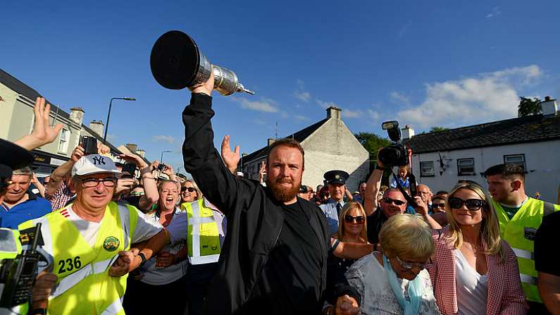 23 July 2019; The 2019 Open Champion Shane Lowry, his grandmother Emily Scanlon and wife Wendy Honner, with the Claret Jug at his homecoming event in Clara in Offaly. Photo by Seb Daly/Sportsfile