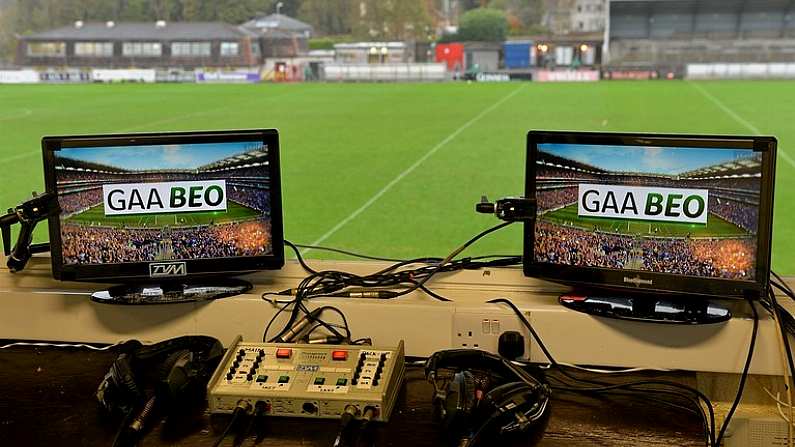 15 November 2015; A general view of TG4 television monitors in the press box before the game. AIB Munster GAA Senior Club Football Championship, Semi-Final, Nemo Rangers v Killarney Legion. Pairc Ui Rinn, Cork. Picture credit: Piaras O Midheach / SPORTSFILE