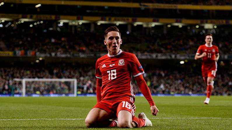 16 October 2018; Harry Wilson of Wales celebrates after scoring his side's first goal during the UEFA Nations League B group four match between Republic of Ireland and Wales at the Aviva Stadium in Dublin. Photo by Harry Murphy/Sportsfile