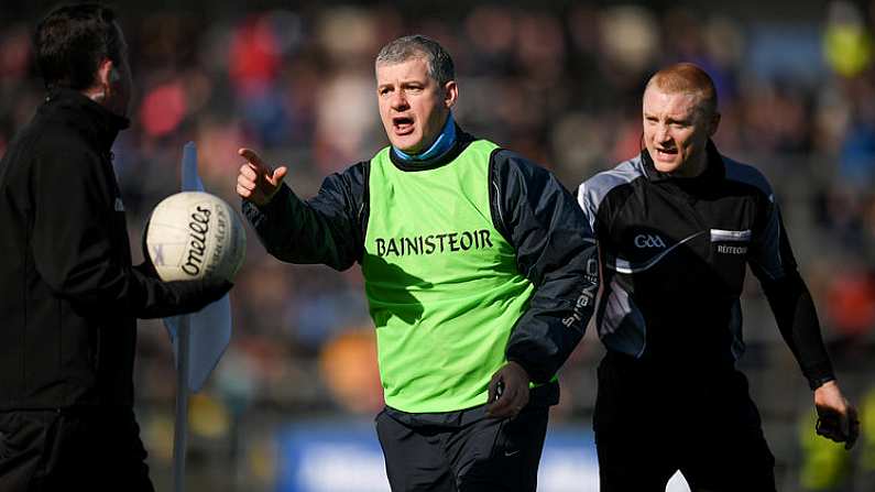 5 March 2017; Roscommon manager Kevin McStay remonstrates with referee Barry Cassidy and linesman Eamon O'Grady over additional time at the end of the first half during the Allianz Football League Division 1 Round 4 match between Roscommon and Kerry at Dr Hyde Park in Roscommon. Photo by Stephen McCarthy/Sportsfile