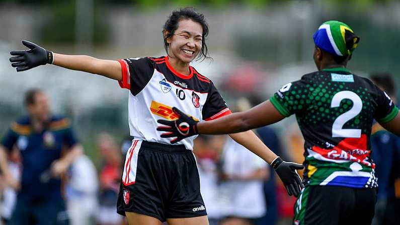 29 July 2019; Dandan Song of Asia Cranes with Suzan Lebohang Maekela of South Africa after their Ladies Football Native Born tournament game during the Renault GAA World Games 2019 Day 1 at WIT Arena, Carriganore, Co. Waterford. Photo by Piaras O Midheach/Sportsfile