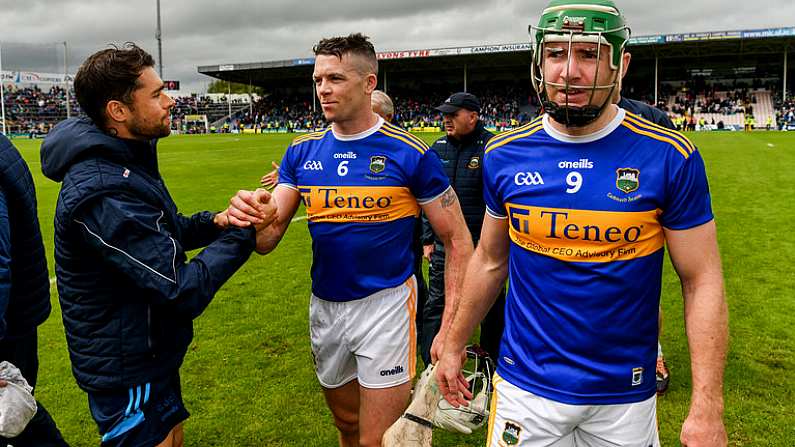 16 June 2019; Tipperary Strength and Conditioning Coach Cairbre O Caireallain with Padraic Maher and Noel McGrath of Tipperary after the Munster GAA Hurling Senior Championship Round 5 match between Tipperary and Limerick in Semple Stadium in Thurles, Co. Tipperary. Photo by Diarmuid Greene/Sportsfile