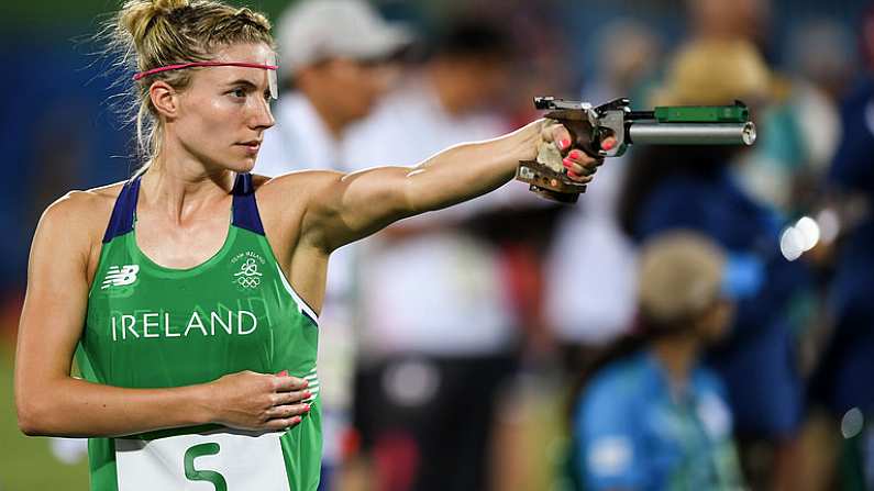 19 August 2016; Natalya Coyle of Ireland competing in the shooting of the women's combined discipline of the Women's Modern Pentathlon at the Youth Arena in Deodora during the 2016 Rio Summer Olympic Games in Rio de Janeiro, Brazil. Photo by Ramsey Cardy/Sportsfile