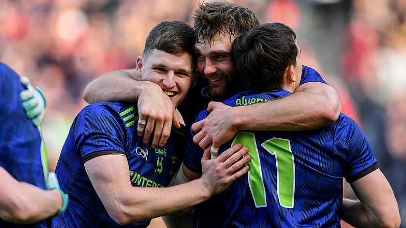 31 March 2019; Mayo players, from left, James Carr, Aidan O'Shea, and Jason Doherty celebrate after the Allianz Football League Division 1 Final match between Kerry and Mayo at Croke Park in Dublin. Photo by Piaras O Midheach/Sportsfile