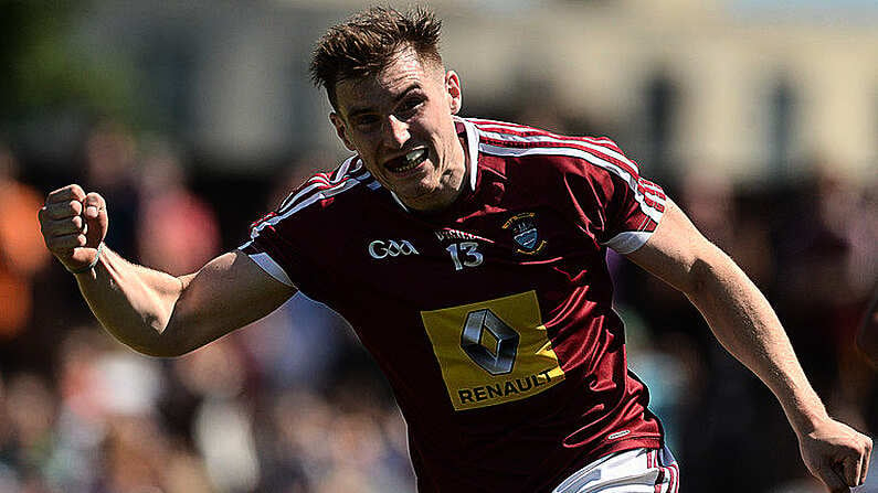 17 June 2017; Kieran Martin of Westmeath celebrates scoring his side's third goal during the Leinster GAA Football Senior Championship Quarter-Final Replay match between Westmeath and Offaly at TEG Cusack Park in Mullingar, Co Westmeath. Photo by Piaras O Midheach/Sportsfile