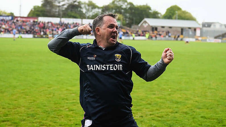 20 May 2018; Wexford manager Davy Fitzgerald celebrates after the Leinster GAA Hurling Senior Championship Round 2 match between Wexford and Dublin at Innovate Wexford Park in Wexford. Photo by Daire Brennan/Sportsfile