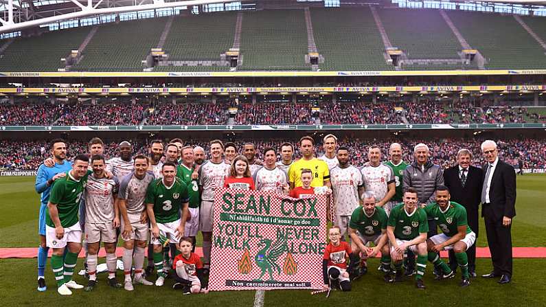 12 April 2019; The two teams and mascots line up prior to the Sean Cox Fundraiser match between the Republic of Ireland XI and Liverpool FC Legends at the Aviva Stadium in Dublin. Photo by Sam Barnes/Sportsfile