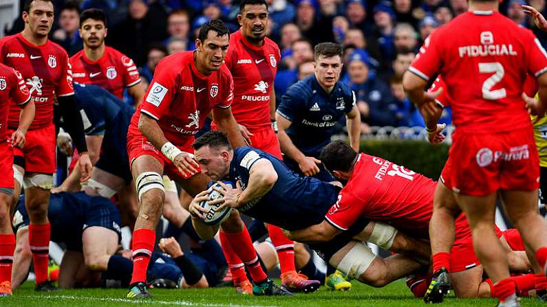 12 January 2019; Jack Conan of Leinster dives over to score his side's first try during the Heineken Champions Cup Pool 1 Round 5 match between Leinster and Toulouse at the RDS Arena in Dublin. Photo by Ramsey Cardy/Sportsfile