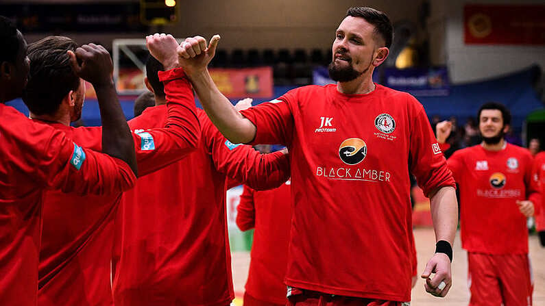 27 January 2018; Jason Killeen of Black Amber Templeogue greets his team-mates prior to the Hula Hoops Pat Duffy National Cup Final match between UCD Marian and Black Amber Templeogue at the National Basketball Arena in Tallaght, Dublin. Photo by Brendan Moran/Sportsfile