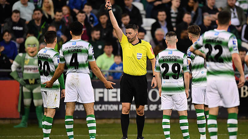 23 April 2019; Referee Paul McLaughlin shows a red card to Trevor Clarke of Shamrock Rovers, 20, during the SSE Airtricity League Premier Division match between Shamrock Rovers at Bohemians at Tallaght Stadium in Dublin. Photo by Seb Daly/Sportsfile