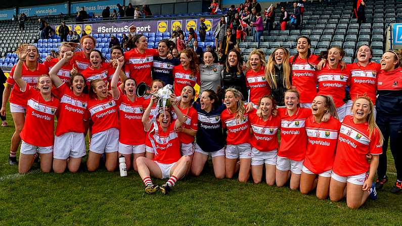 5 May 2019; The Cork team celebrate with the Division 1 cup after the Lidl Ladies National Football League Division 1 Final match between Cork and Galway at Parnell Park in Dublin. Photo by Brendan Moran/Sportsfile