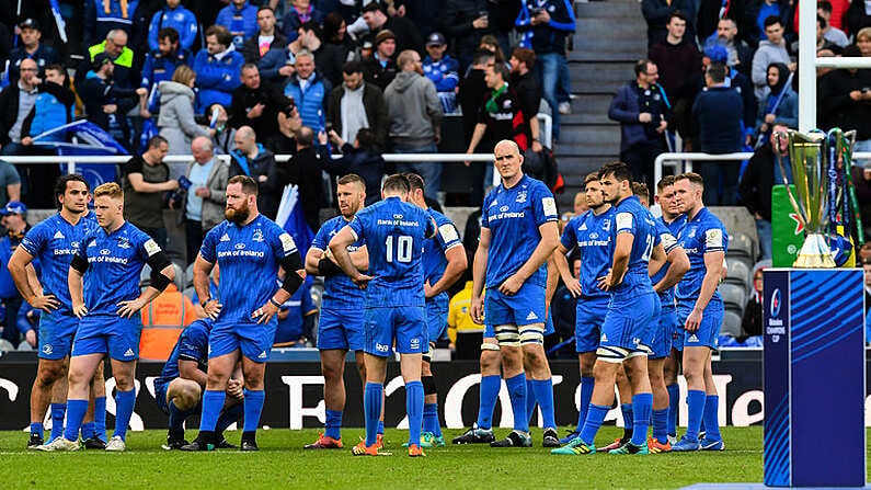 11 May 2019; Dejected Leinster players look on as the trophy awaits to be presented to Saracens following the Heineken Champions Cup Final match between Leinster and Saracens at St James' Park in Newcastle Upon Tyne, England. Photo by Brendan Moran/Sportsfile