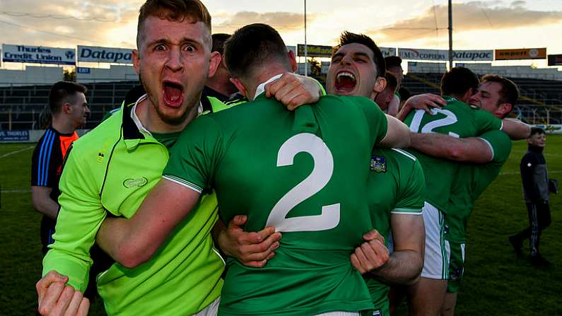 11 May 2019; Limerick players Tony McCarthy, Brian Fanning, and Padraig Scanlon celebrate after the Munster GAA Football Senior Championship quarter-final match between Tipperary and Limerick at Semple Stadium in Thurles, Co. Tipperary. Photo by Diarmuid Greene/Sportsfile