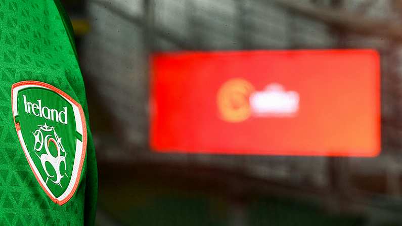 4 April 2019; A view of the Republic of Ireland crest prior to the 2019 UEFA European Under-17 Championship Finals Draw at the Aviva Stadium in Dublin. Photo by Stephen McCarthy/Sportsfile