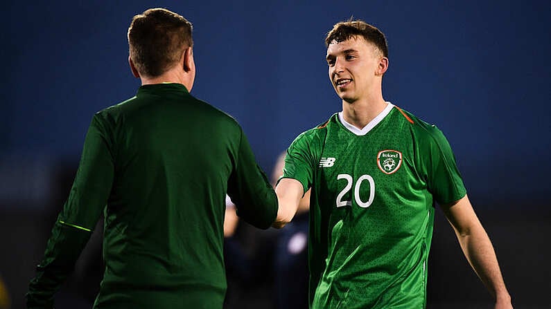 24 March 2019; Republic of Ireland manager Stephen Kenny with Conor Masterson following the UEFA European U21 Championship Qualifier Group 1 match between Republic of Ireland and Luxembourg in Tallaght Stadium in Dublin. Photo by Eoin Noonan/Sportsfile