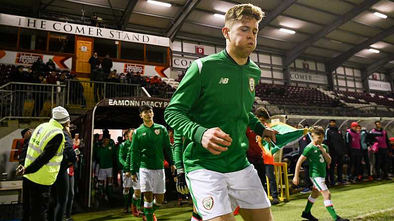 13 February 2018; Republic of Ireland captain Nathan Collins leads his team out for the Under 17 International Friendly match between the Republic of Ireland and Turkey at Eamonn Deacy Park in Galway. Photo by Diarmuid Greene/Sportsfile