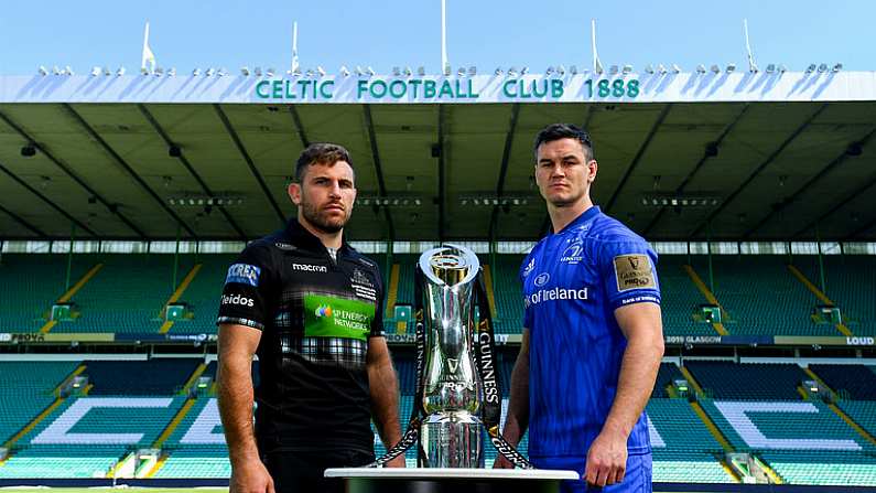 24 May 2019; Glasgow Warriors captain Callum Gibbons and Leinster captain Jonathan Sexton during a photocall ahead of the Guinness PRO14 Final at Celtic Park in Glasgow, Scotland. Photo by Ramsey Cardy/Sportsfile