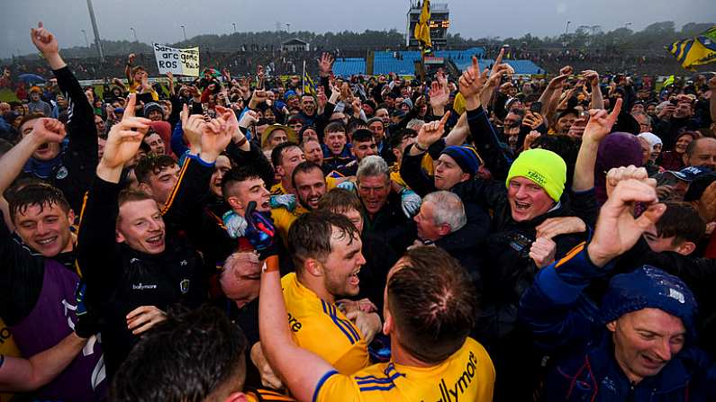 25 May 2019; Roscommon players and supporters celebrate following the Connacht GAA Football Senior Championship Semi-Final match between Mayo and Roscommon at Elverys MacHale Park in Castlebar, Mayo. Photo by Stephen McCarthy/Sportsfile