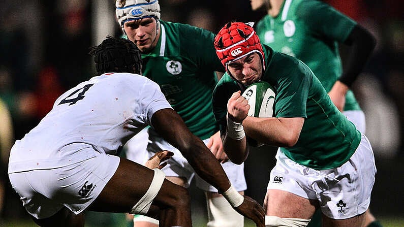 1 February 2019; John Hodnett of Ireland is tackled by Joel Kpoku of England during the U20 Six Nations Rugby Championship match between Ireland and England at Irish Independent Park in Cork. Photo by Matt Browne/Sportsfile