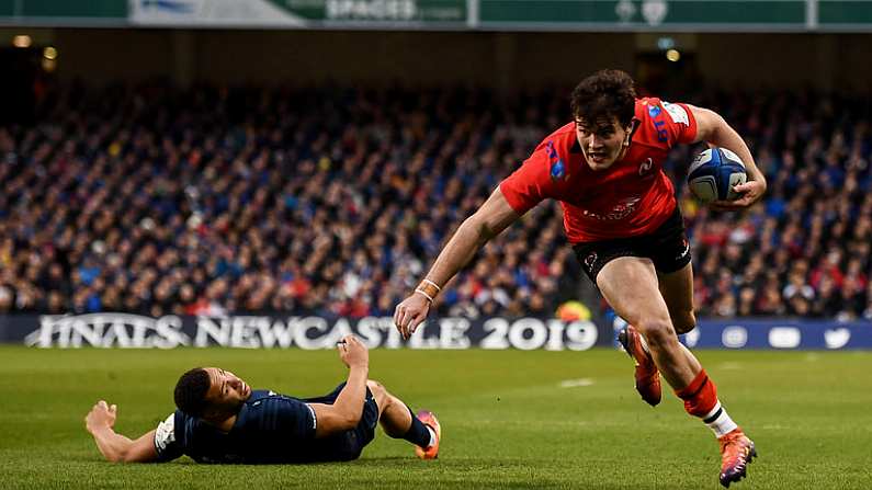 30 March 2019; Jacob Stockdale of Ulster in action against Adam Byrne of Leinster during the Heineken Champions Cup Quarter-Final between Leinster and Ulster at the Aviva Stadium in Dublin. Photo by Stephen McCarthy/Sportsfile