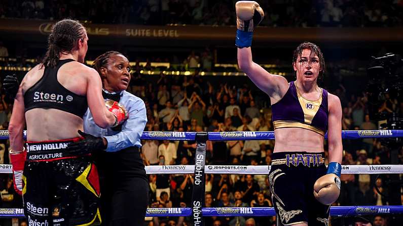 1 June 2019; Katie Taylor celebrates after her Undisputed Female World Lightweight Championship fight with Delfine Persoon at Madison Square Garden in New York, USA. Photo by Stephen McCarthy/Sportsfile