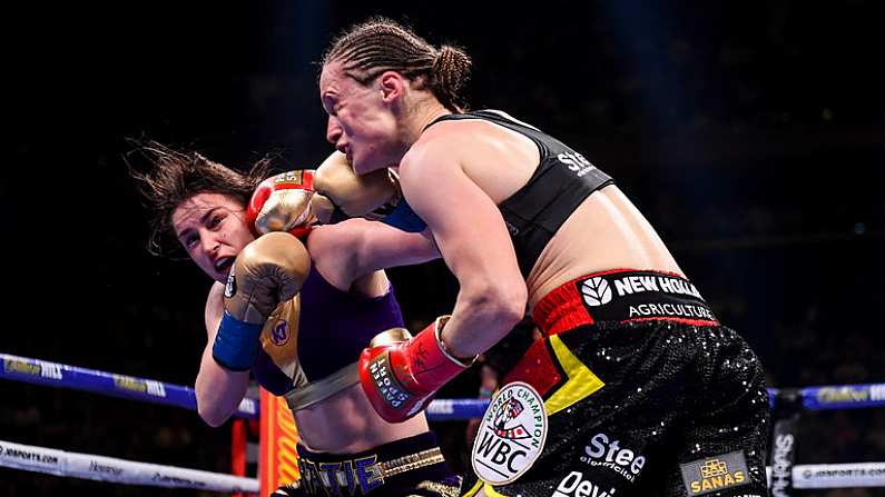 1 June 2019; Katie Taylor, left, and Delfine Persoon during their Undisputed Female World Lightweight Championship fight at Madison Square Garden in New York, USA. Photo by Stephen McCarthy/Sportsfile