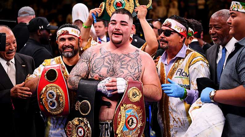 1 June 2019; Andy Ruiz Jr celebrates after his IBF, WBA, WBO & IBO World Heavyweight Championship fight with Anthony Joshua at Madison Square Garden in New York, USA. Photo by Stephen McCarthy/Sportsfile