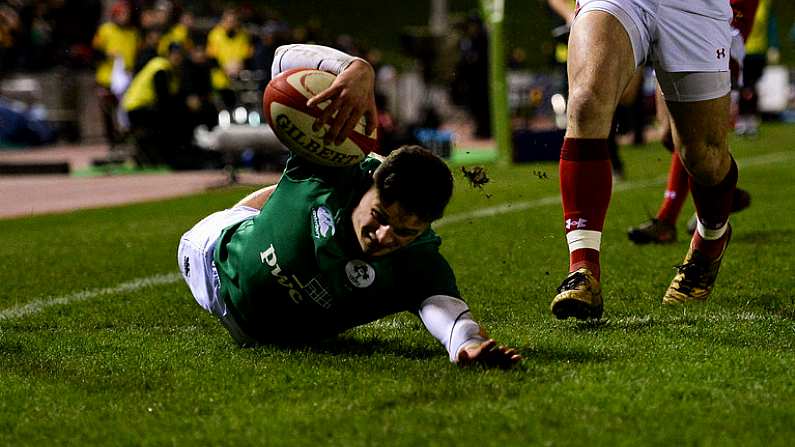 15 March 2019; Angus Kernohan of Ireland scores a second half try, that was overturned by referee Christophe Ridley, during the U20 Six Nations Rugby Championship match between Wales and Ireland at Zip World Stadium in Colwyn Bay, Wales. Photo by Piaras O Midheach/Sportsfile