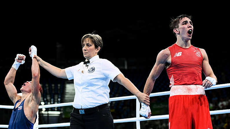 16 August 2016; Vladimir Nikitin of Russia is declared victorious over Michael Conlan of Ireland during their Bantamweight Quarter final bout at the Riocentro Pavillion 6 Arena during the 2016 Rio Summer Olympic Games in Rio de Janeiro, Brazil. Photo by Stephen McCarthy/Sportsfile